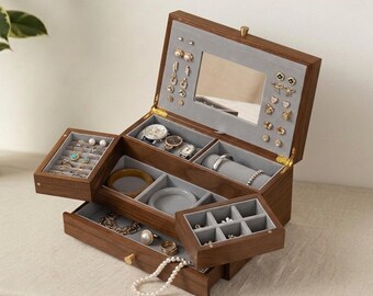 Luxury Walnut Jewelry Box, Large Personalized Keepsake Box for Mom, Wife & Her, Elegant Jewelry Organizer Gift with Custom Name Engraving