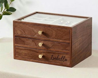 Handmade Walnut Wooden Jewelry Box with Engraving, Multi-Layer Drawer Organizer for Earrings Necklaces Bracelets,Trinket Box for Women