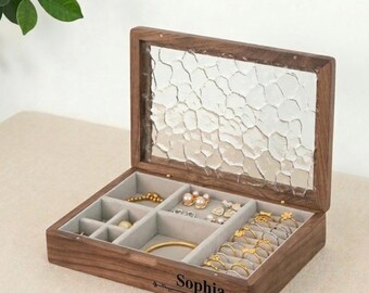 Personalized Walnut Jewelry Box with Glass Lid, Engraved Wooden Keepsake Box for Women, Vintage Ring Organizer, Wedding Gift