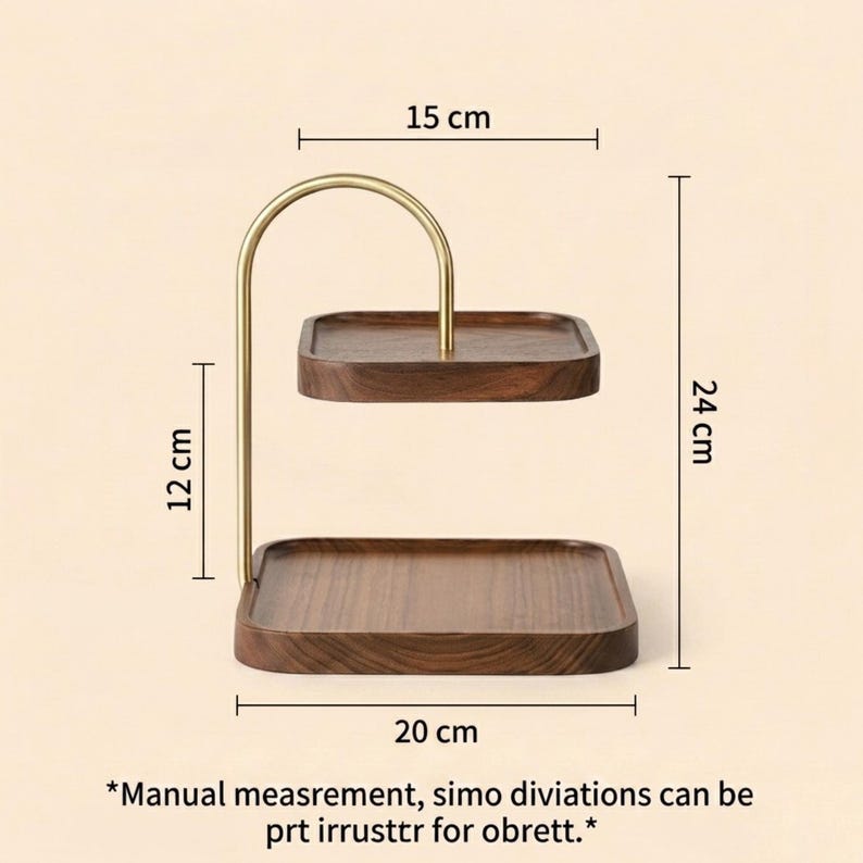 Puede incluir: Un expositor de dos niveles con bandejas cuadradas de madera marr&oacute;n oscuro y un marco de metal dorado. El soporte mide 20 cm de ancho, 15 cm la bandeja superior, 12 cm entre niveles y 24 cm de altura total. Texto abajo: *Manual measrement, simo diviations can be prt irrusttr for obrett.*