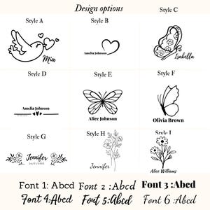 May include: A graphic featuring design options for personalized items. Styles include a bird with hearts, a heart with a name, butterflies, floral designs, and text. Various font styles are also displayed.