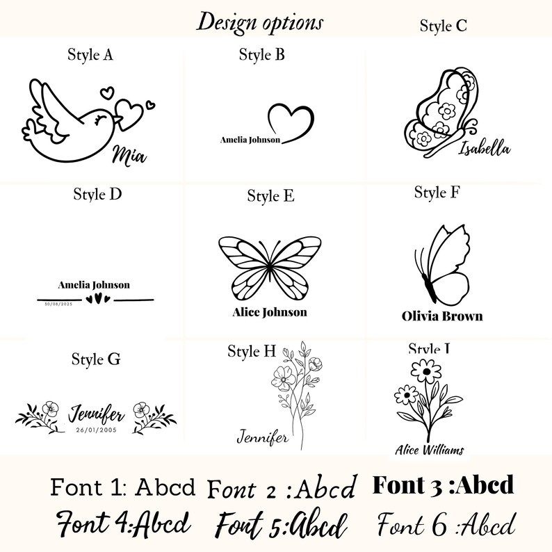 May include: A graphic featuring design options for personalized items. Styles include a bird with hearts, a heart with a name, butterflies, floral designs, and text. Various font styles are also displayed.