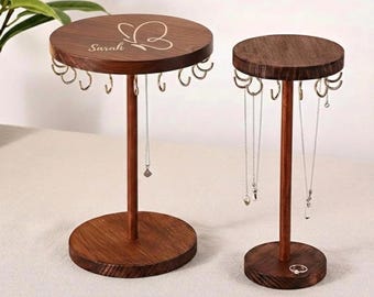 Walnut Wood Jewelry Organizer, Round Hanging Necklace Stand, Minimalist Multi-Functional Rack for Necklaces, Bracelets & Accessories