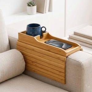 Mesa auxiliar de madera para reposabrazos, portavasos para sofá, mesa auxiliar para reposabrazos de sofá, organizador de sofá, mesa de trabajo para sofá, bandeja de bambú para sofá, bandeja para reposabrazos de sofá
