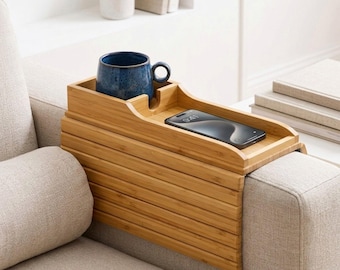 Mesa auxiliar de madera para reposabrazos, portavasos para sofá, mesa auxiliar para reposabrazos de sofá, organizador de sofá, mesa de trabajo para sofá, bandeja de bambú para sofá, bandeja para reposabrazos de sofá