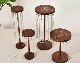 Walnut Wood Jewelry Organizer, Round Hanging Necklace Stand, Minimalist Multi-Functional Rack for Necklaces, Bracelets & Accessories