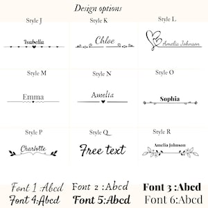 May include: Image showcasing design options for personalized text. Styles J through R feature various fonts and decorative elements. Font options 1 through 6 are displayed with sample text. The text "Design options" is at the top.