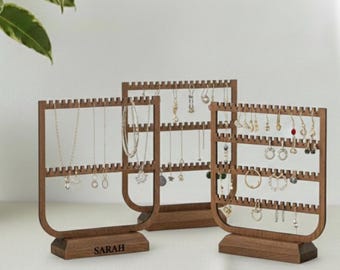 Jewelry Stand Hanger, Wood Earring Organizer, Personalized Earring Holder, Wooden Jewelry Display Stand, Custom Engraved Stand, Gift for Her