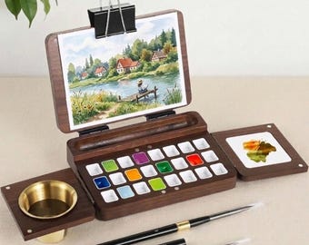 Caja de acuarelas plegable personalizada grabada, kit de pintura de viaje, mini paleta de acuarelas de madera, caja de regalo para artistas