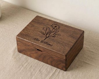 Walnut Jewelry Box, Large Wooden Keepsake Box, Personalized Gift for Mom Wife Women, Luxury Solid Wood Box, Japandi Desk Storage Box