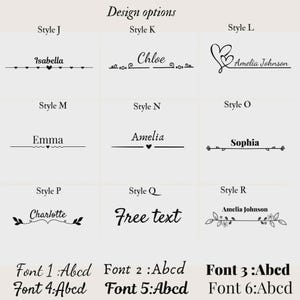 Puede incluir: Una cuadr&iacute;cula de nueve opciones de dise&ntilde;o de texto en negro etiquetadas de Style J a Style R, con nombres como Isabella, Chloe, Amelia, Emma y Sophia con l&iacute;neas decorativas, corazones y motivos florales, adem&aacute;s de seis muestras de fuentes.