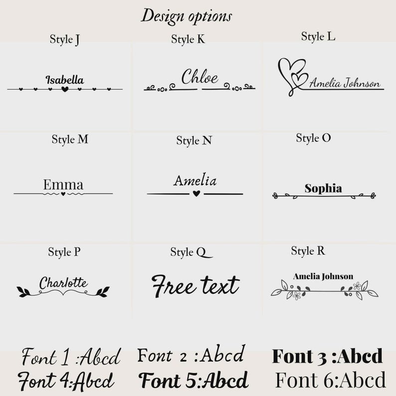 Puede incluir: Una cuadr&iacute;cula de nueve opciones de dise&ntilde;o de texto en negro etiquetadas de Style J a Style R, con nombres como Isabella, Chloe, Amelia, Emma y Sophia con l&iacute;neas decorativas, corazones y motivos florales, adem&aacute;s de seis muestras de fuentes.