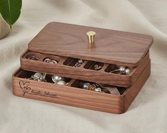Custom Engraved Stackable Walnut Jewelry Box Organizer, Personalized Multi-Tier Vintage Jewelry Storage, Wooden Jewelry Holder, Gift for Her