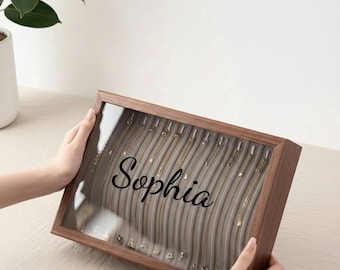 custom necklace box, necklace box mom, walnut necklace box,glass lid jewelry, personalized wood jewelry organizer gift for her