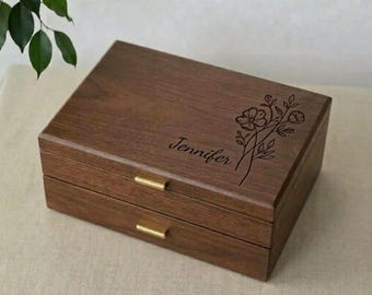 Large Solid Walnut Wood Jewelry Box, Exquisite Necklace Organizer, Drawer Jewelry Box, Custom Jewelry Box, Girl Wedding Gift