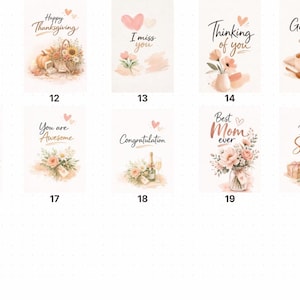 May include: A collection of watercolor greeting cards with various messages and floral illustrations. Cards include "Sending Hugs," "Happy Thanksgiving," "I miss you," "Thinking of you," and "Get well soon."