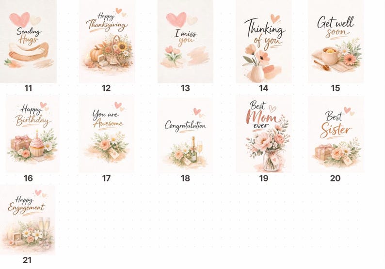 May include: A collection of watercolor greeting cards with various messages and floral illustrations. Cards include "Sending Hugs," "Happy Thanksgiving," "I miss you," "Thinking of you," and "Get well soon."