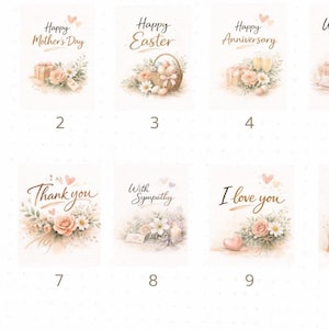 May include: A collection of ten watercolor greeting cards with various messages, including "Warmest wishes," "Happy Mother's Day," and "I love you." Each card features floral arrangements and soft pastel colors.