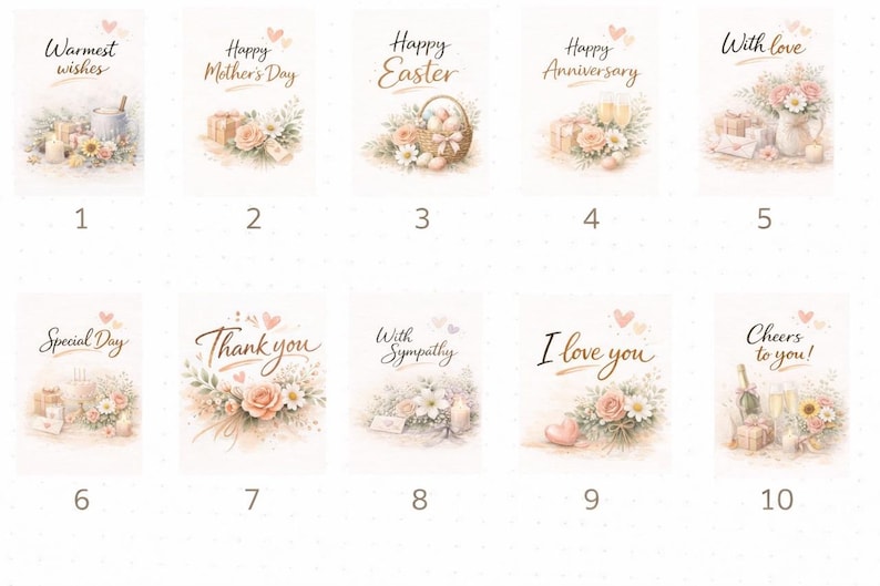 May include: A collection of ten watercolor greeting cards with various messages, including "Warmest wishes," "Happy Mother's Day," and "I love you." Each card features floral arrangements and soft pastel colors.