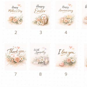 May include: A collection of ten watercolor greeting cards with various messages, including "Warmest wishes," "Happy Mother's Day," and "I love you." Each card features floral arrangements and soft pastel colors.