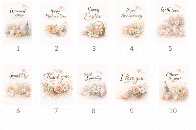 May include: A collection of ten watercolor greeting cards with various messages, including "Warmest wishes," "Happy Mother's Day," and "I love you." Each card features floral arrangements and soft pastel colors.