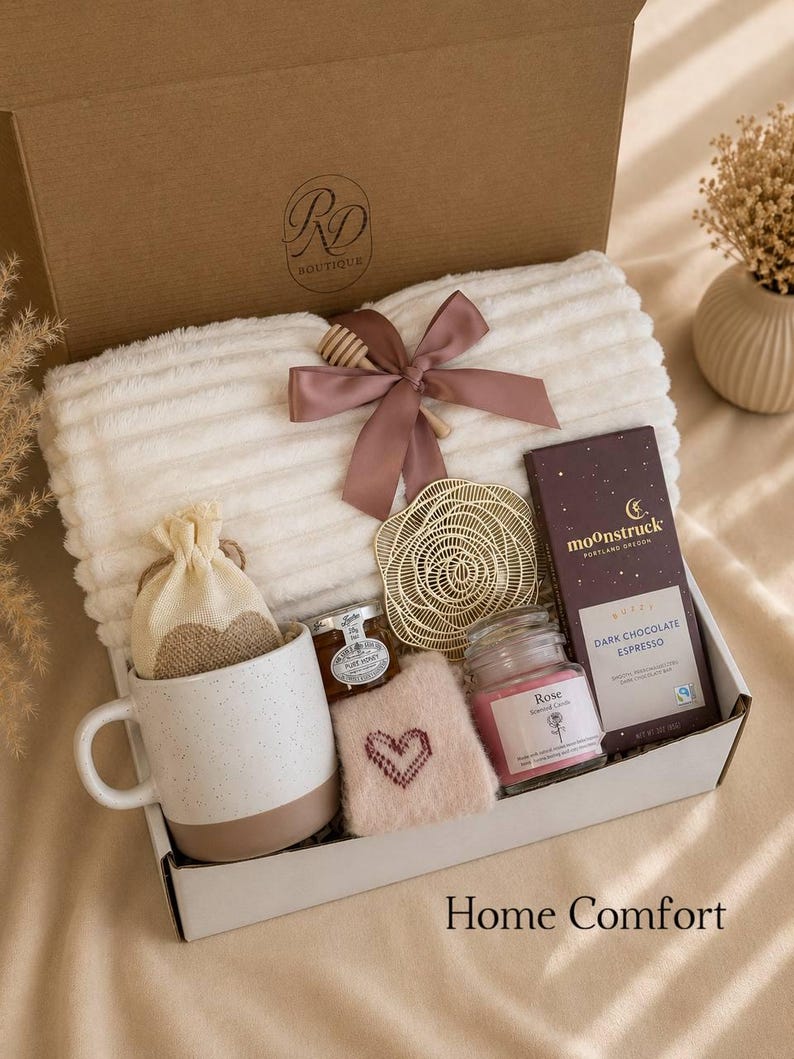 Peut inclure: Un coffret cadeau contenant un plaid blanc c&ocirc;tel&eacute; nou&eacute; avec un ruban mauve et une cuill&egrave;re &agrave; miel en bois, une tasse en c&eacute;ramique mouchet&eacute;e, un petit pot de miel, un dessous de verre dor&eacute;, une bougie rose, une pochette brod&eacute;e et du chocolat noir.