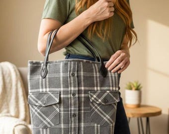 Sac chemise gris en flanelle à carreaux recyclés