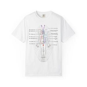 May include: White t-shirt featuring a detailed diagram of the human body's chakra system. The diagram includes labels for each chakra point and associated spiritual concepts, rendered in a mix of colors and lines. The shirt has a crew neck.