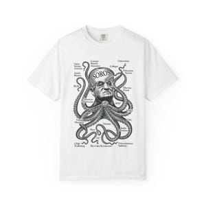 May include: White t-shirt featuring a black and gray illustration of a man's face with an octopus design. The octopus tentacles have labels such as "BLM", "WEF", and "Ukraine". The word "SOROS" is above the man's face.