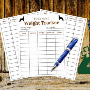 May include: A show goat weight tracker with a blue pen, purple and blue rosettes, and a green 4-H logo. The tracker includes fields for date, goat name, weight, and notes, set against a wooden background.