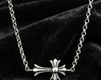 Horizontale Gothic Kreuz Halskette, 925 Sterling Silber Minimalist Punk Kreuz Anhänger, CH Unisex Schmuck, Geburtstagsgeschenk