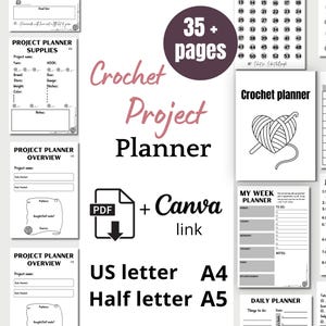 Crochet Project Tracker Planner Printable Canva Editable Crochet Craft Business Planner Gift For Crocheter Knitting Pattern and Supplies pdf