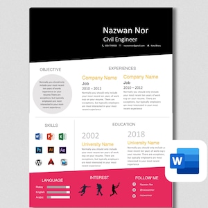 ATS Resume Template Word | Professional CV Template For Civil Engineer | Editable Resume (Word) | 2 Page Version with Cover Letter