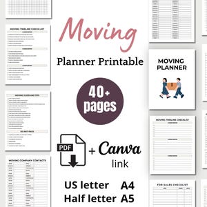 May include: Printable moving planner with checklists, budget trackers, and contact sheets. The design features a pink "Moving" title and a graphic of people carrying a box. Includes PDF and Canva link, US letter, A4, and A5 sizes.