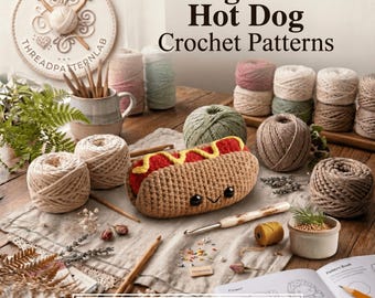 May include: A crocheted amigurumi hot dog with a tan bun, red sausage, and yellow mustard, featuring black safety eyes and a stitched smile. The scene includes various yarn balls, crochet hooks, and a pattern book with the text Amigurumi Hot Dog Crochet Patterns and INSTANT PDF DOWNLOAD.