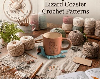 May include: A light blue crocheted lizard coaster sits under a terracotta mug featuring a cat illustration. The scene includes multiple yarn balls, wooden crochet hooks, a fern, and a pattern book with the text Amigurumi Lizard Coaster Crochet Patterns and INSTANT PDF DOWNLOAD.