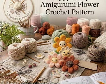 May include: A crochet pattern titled Happy Daisy Amigurumi Flower Crochet Pattern featuring multiple balls of yarn in various colors, wooden crochet hooks, and several finished small crocheted flowers with smiling faces on a linen fabric surface.