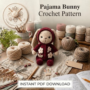 May include: A crocheted bunny toy wearing a dark red hooded pajama suit with white flower appliques. The bunny has long ears and a cream-colored face. The text "Pajama Bunny Crochet Pattern" and "INSTANT PDF DOWNLOAD" are visible.