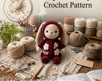 May include: A crocheted bunny toy wearing a dark red hooded pajama suit with white flower appliques. The bunny has long ears and a cream-colored face. The text "Pajama Bunny Crochet Pattern" and "INSTANT PDF DOWNLOAD" are visible.