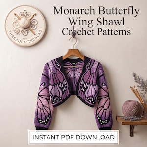 Puede incluir: Un c&aacute;rdigan corto de ganchillo con un patr&oacute;n de alas de mariposa monarca en morado y negro en las mangas y paneles frontales. El texto dice Monarch Butterfly Wing Shawl Crochet Patterns e INSTANT PDF DOWNLOAD.