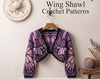 May include: A cropped crochet cardigan featuring a purple and black monarch butterfly wing pattern on the sleeves and front panels. The text reads Monarch Butterfly Wing Shawl Crochet Patterns and INSTANT PDF DOWNLOAD.