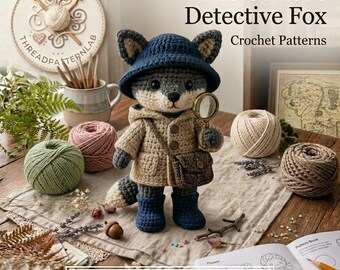May include: A crocheted fox toy wearing a dark blue hat, a tan hooded coat with buttons, and dark blue boots. The fox holds a small magnifying glass and carries a brown satchel. Text on the image reads The Curious Detective Fox Crochet Patterns.