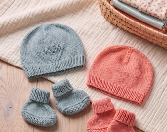 May include: A knitting pattern for a newborn hat and booties set, titled Newborn Hat and Booties Set Knitting Pattern and Instant PDF Download. The set includes a light blue hat with a heart design, matching blue booties, a coral hat, and coral booties.