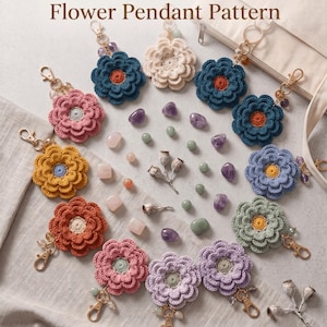 May include: Handcrafted Crochet Flower Pendant Pattern Instant PDF Download. A collection of multi-colored crocheted flower keychains with gold-tone lobster clasps, accented by small beads and scattered polished gemstones in various shapes.