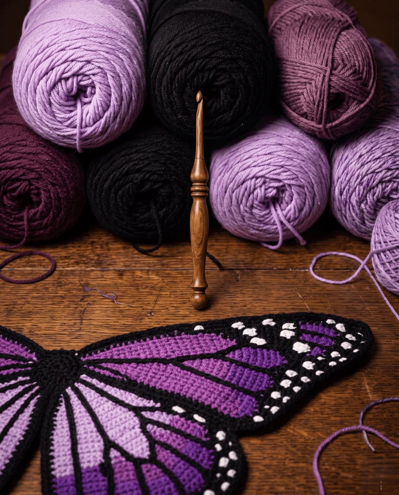 Puede incluir: Un ganchillo de madera se encuentra en posici&oacute;n vertical frente a varios ovillos de lana en tonos morado, negro y ciruela. Debajo de la lana, un ala de mariposa tejida a ganchillo en degradado morado, negro y blanco sobre madera.