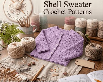 Könnte beinhalten: Ein lavendelfarbener Häkelpullover mit Muschelmuster und weißen Knöpfen, umgeben von Garnknäueln, einem Keramikbecher mit Häkelnadeln, getrockneten Farnen und einem Musterbuch mit dem Text The Lavender Shell Sweater Crochet Patterns.