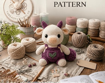 Könnte beinhalten: Ein gehäkeltes Kuh-Amigurumi mit cremefarbenem Fell, violetten Hörnern und einer violetten Latzhose mit grünem Blatt-Aufnäher. Der Text COW CROCHET PATTERN und INSTANT PDF DOWNLOAD ist neben verschiedenen Garnknäueln und Bastelbedarf zu sehen.