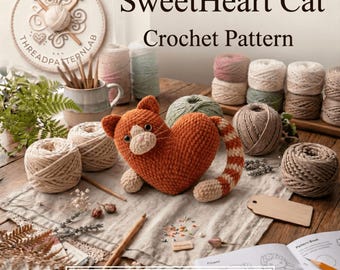 May include: A heart-shaped orange and cream striped crochet cat plush toy with dark eyes and a light muzzle. The scene includes various yarn balls, a ceramic mug with crochet hooks, a wooden tag, and a pattern book with the text INSTANT PDF DOWNLOAD.