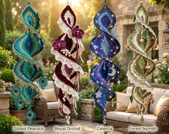 May include: Four hanging spiral ornaments featuring intricate crochet work. The Gilded Peacock is teal and gold with peacock feather accents. The Royal Orchid is deep burgundy with cream lace and floral details. The Celestia features blue and purple tones with moon and star motifs and integrated lights. The Forest Nymph is green and cream with leaf and wooden bead embellishments.