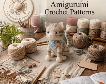 May include: A crocheted tabby cat amigurumi with a blue floral bandana, surrounded by yarn balls, wooden crochet hooks, a ceramic mug, and a pattern book. The text reads: Rustic Tabby Cat Amigurumi Crochet Patterns and INSTANT PDF DOWNLOAD.